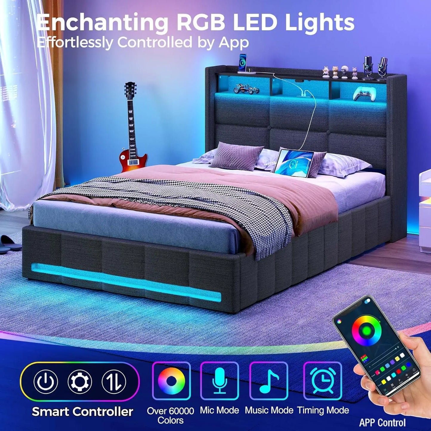 Lift Up Storage Bed With LED Lights And Charging Station