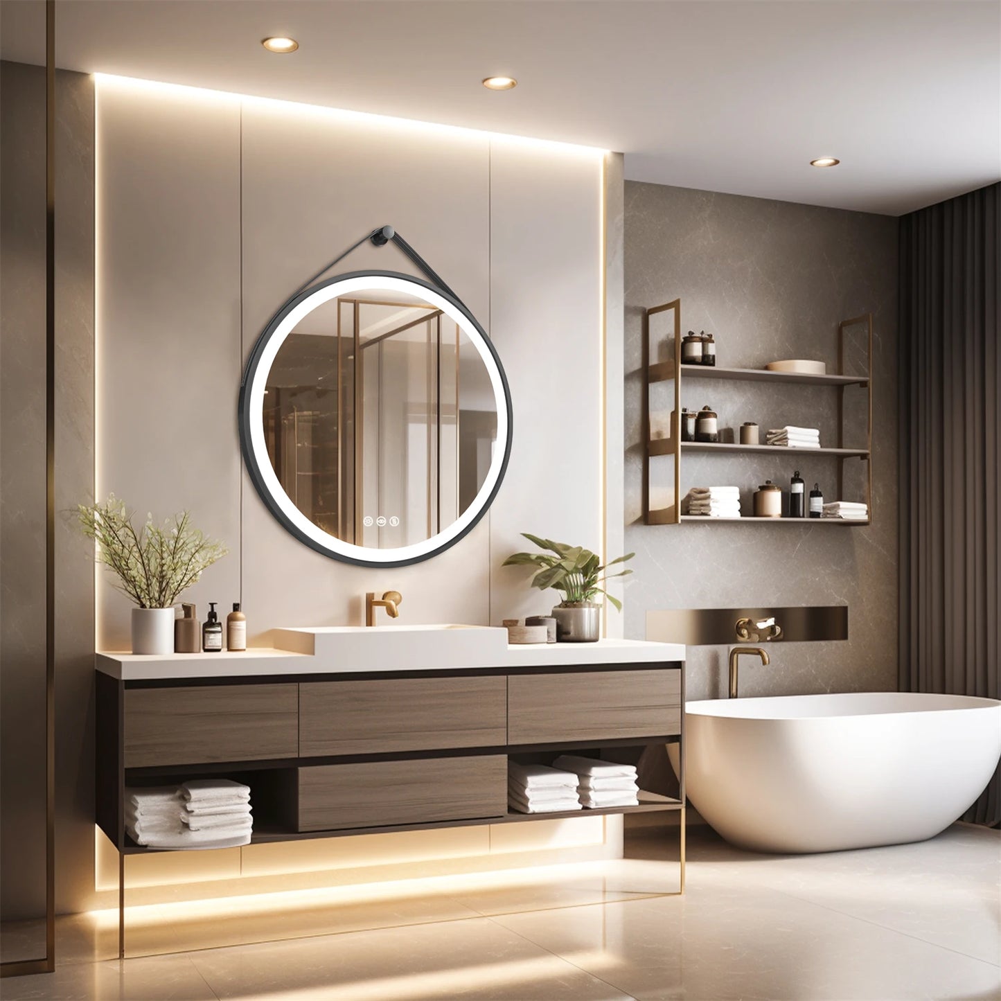 Round LED Bathroom Mirror With Leather Strap Wall Hanging And Anti Fog