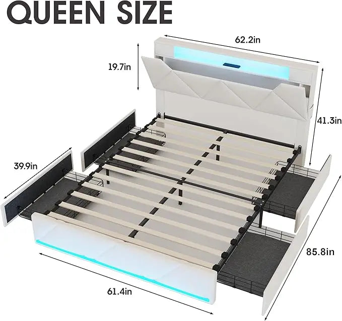 Bed Frame With Storage Drawers, Upholstered Headboard, Charging Station, LED
