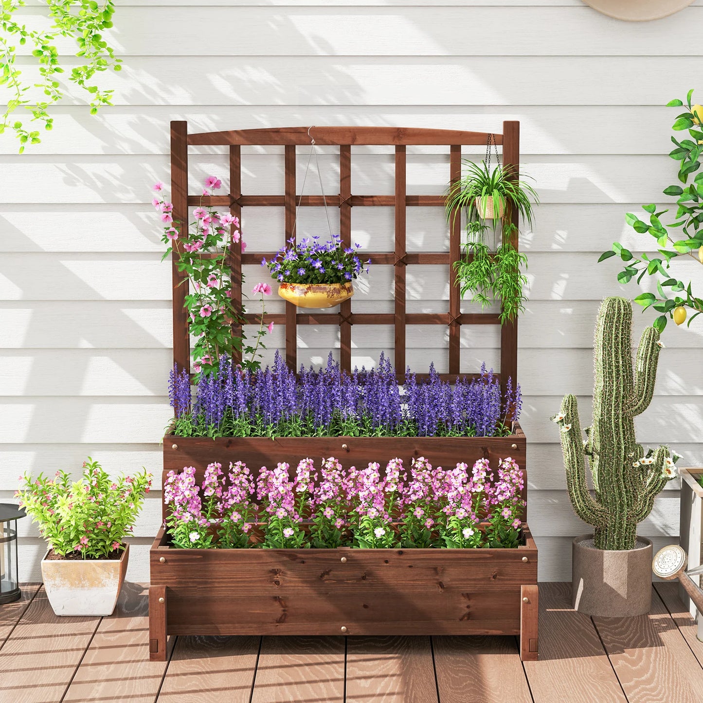 Raised Garden Bed with Trellis w/ Drainage Holes Legs Twisting Rope for Backyard