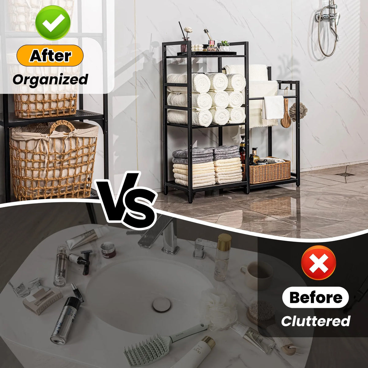 Freestanding Bathroom Towel Rack with Dual-Sided Rolled Towel Storage