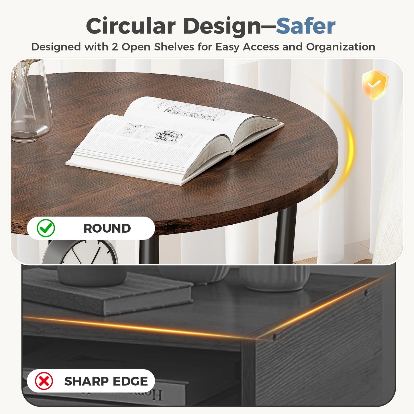 JHK Round Coffee Table With Two Tier Storage Shelf Metal Frame
