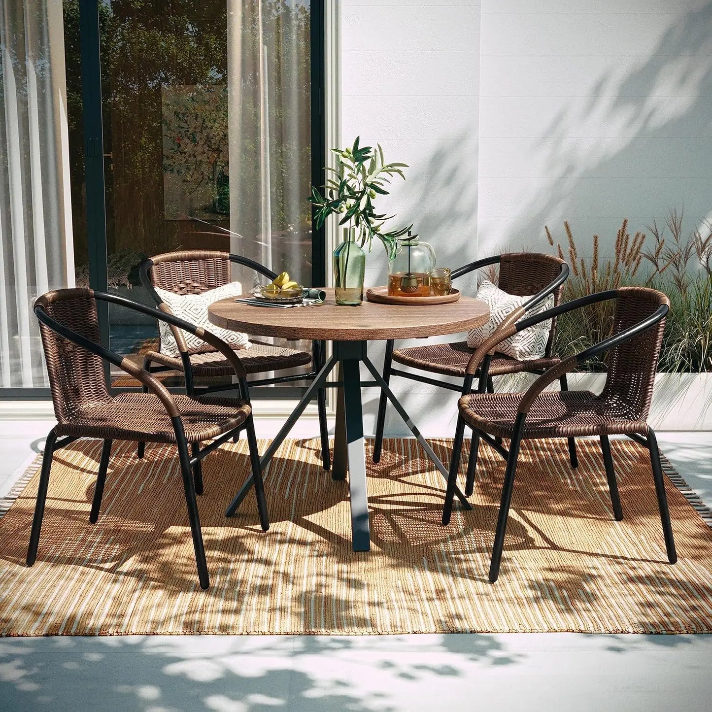 Lila Modern Rattan Indoor/Outdoor Stackable Dining Chairs, Stacking Rattan Bistro Chairs for Patio or Restaurant,Set of 4, Brown
