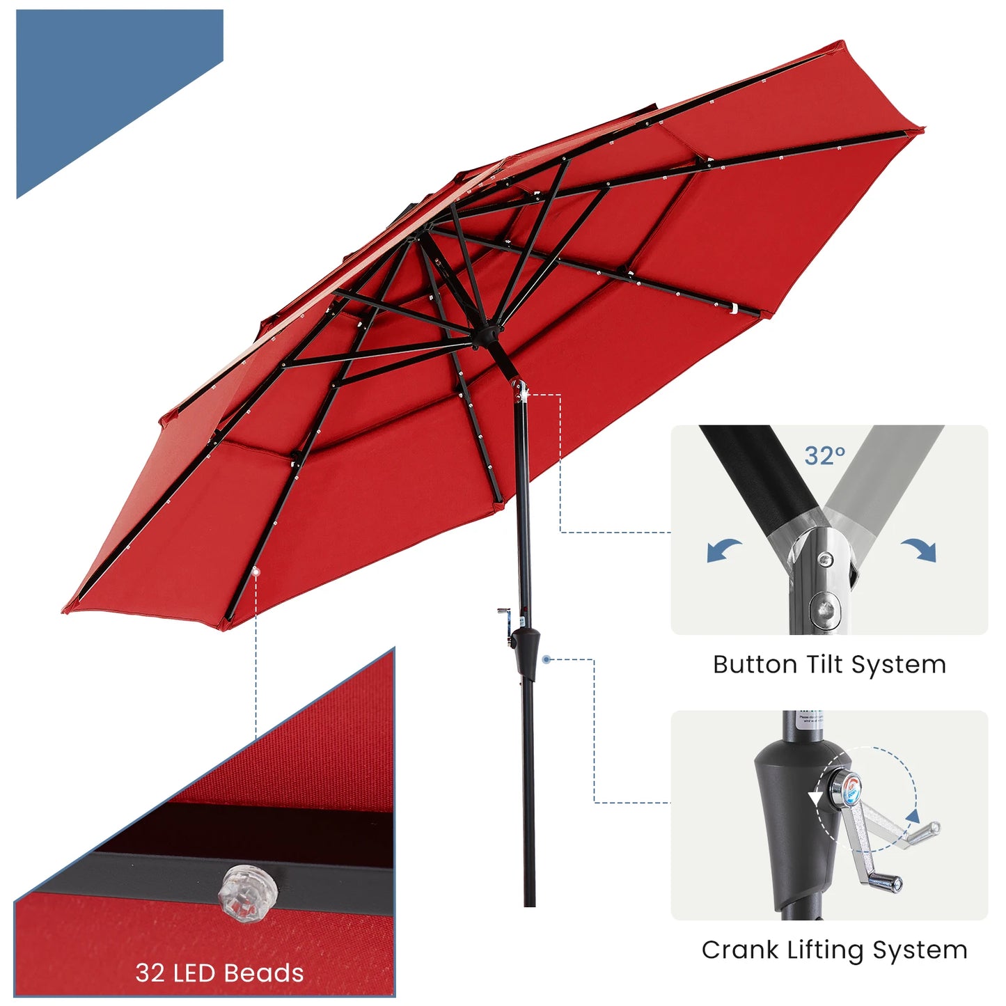 JHK Outdoor Solar Patio Umbrella With LED Lights And Tilt