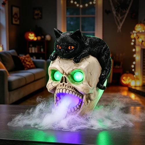 Halloween Skull Cauldron Statue With LED Light And Fog Effect