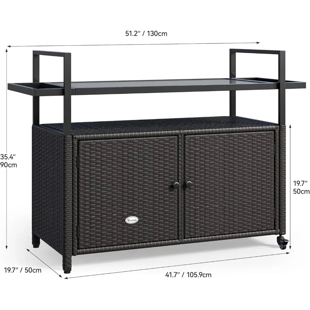 Large Outdoor Kitchen Wicker Island Rolling Cart & Patio Bar Table, w/Wheels and Black Glass Table Top Backyard and Poolside Da