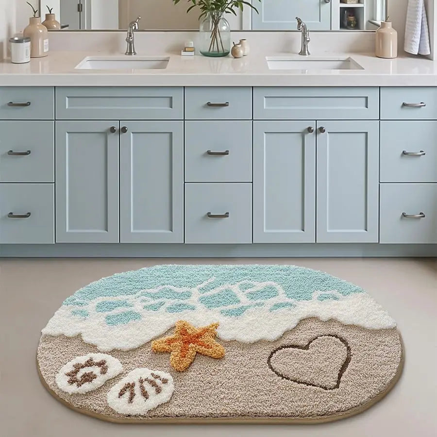 Soft and Absorbent Beach Bathroom Rug, NonSlip Backing, Ideal for Bathroom, Kitchen and Entryway Decor, Sea Beach Starfish Shell