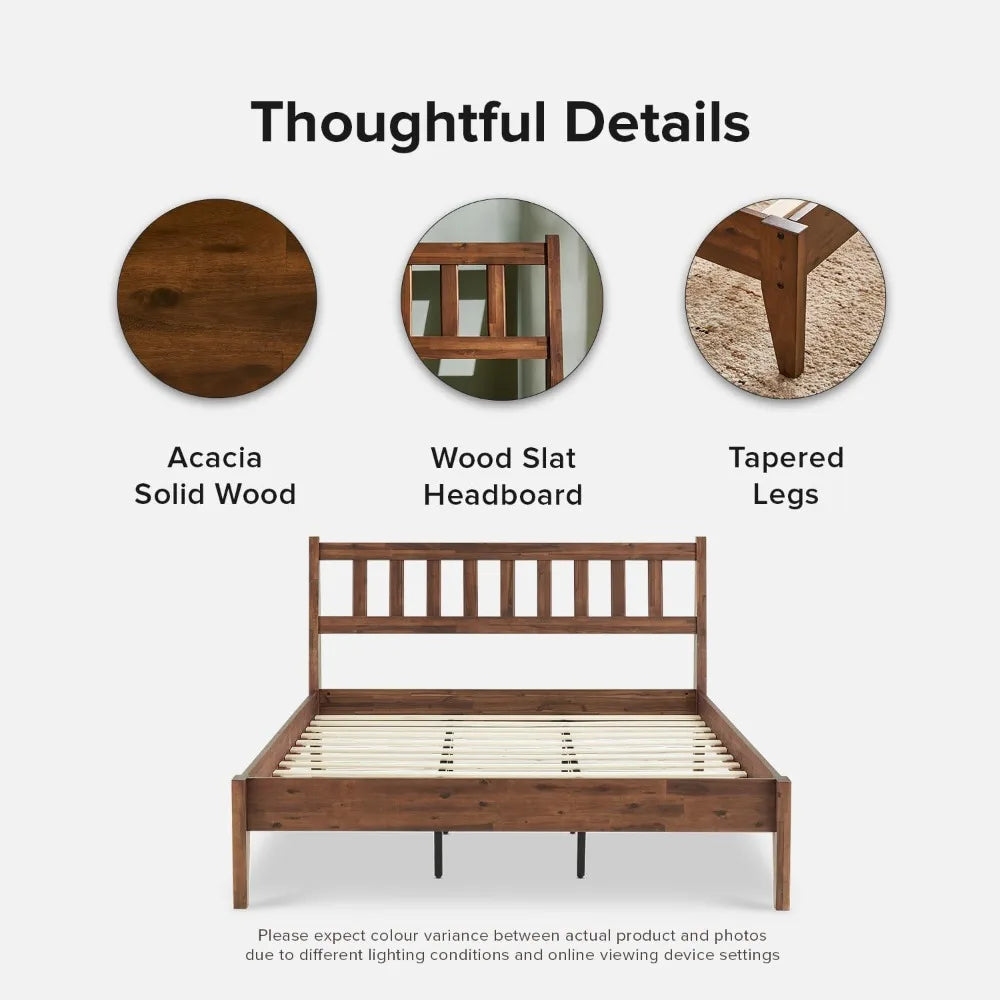 Solid Acacia Wood Platform Bed Frame, Mid Century Modern, Easy Assembly