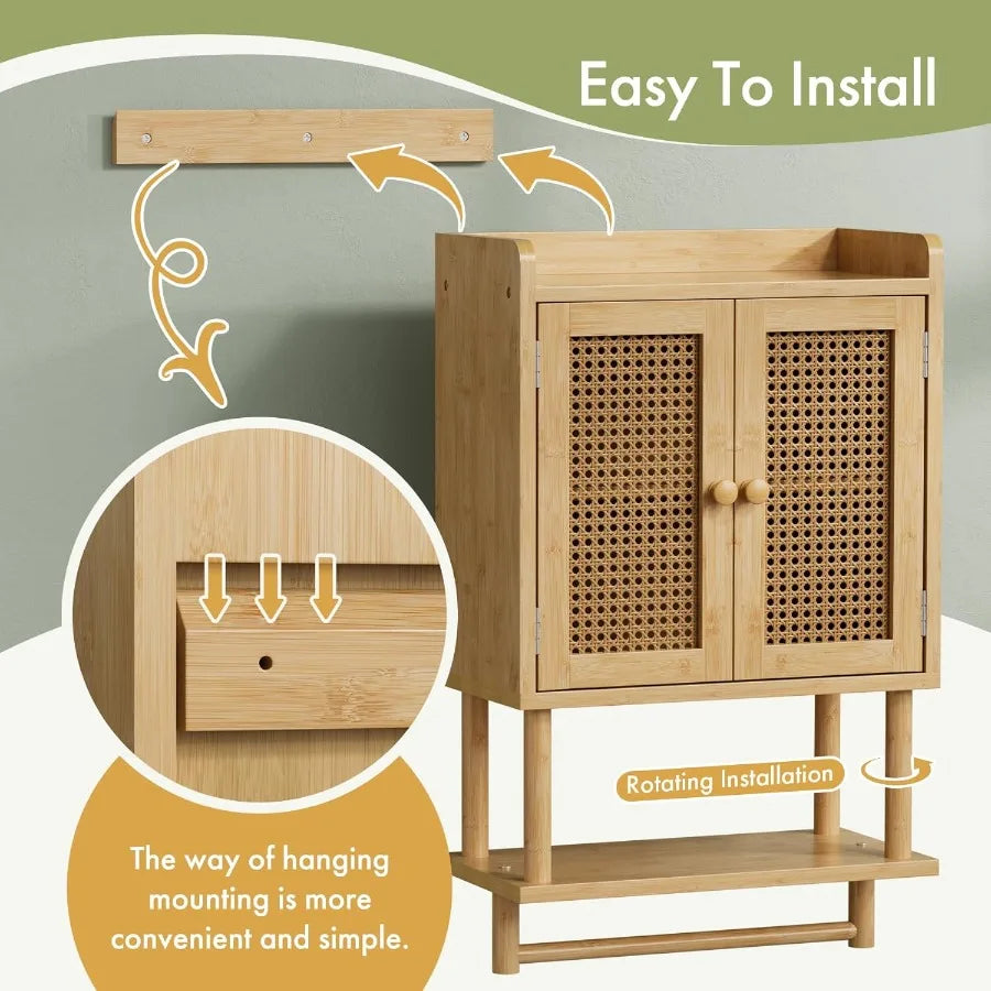 XIUWO Bamboo Bathroom Wall Cabinet With Towel Bar And Storage