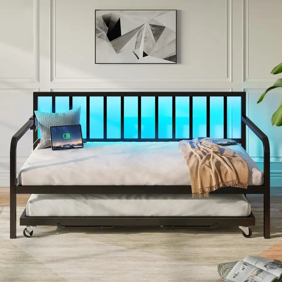 Daybed with Charging Station and LED Lights, Height Adjustable Twin Daybed with Trundle, Metal Sofa Bed Frame with Steel Slat S