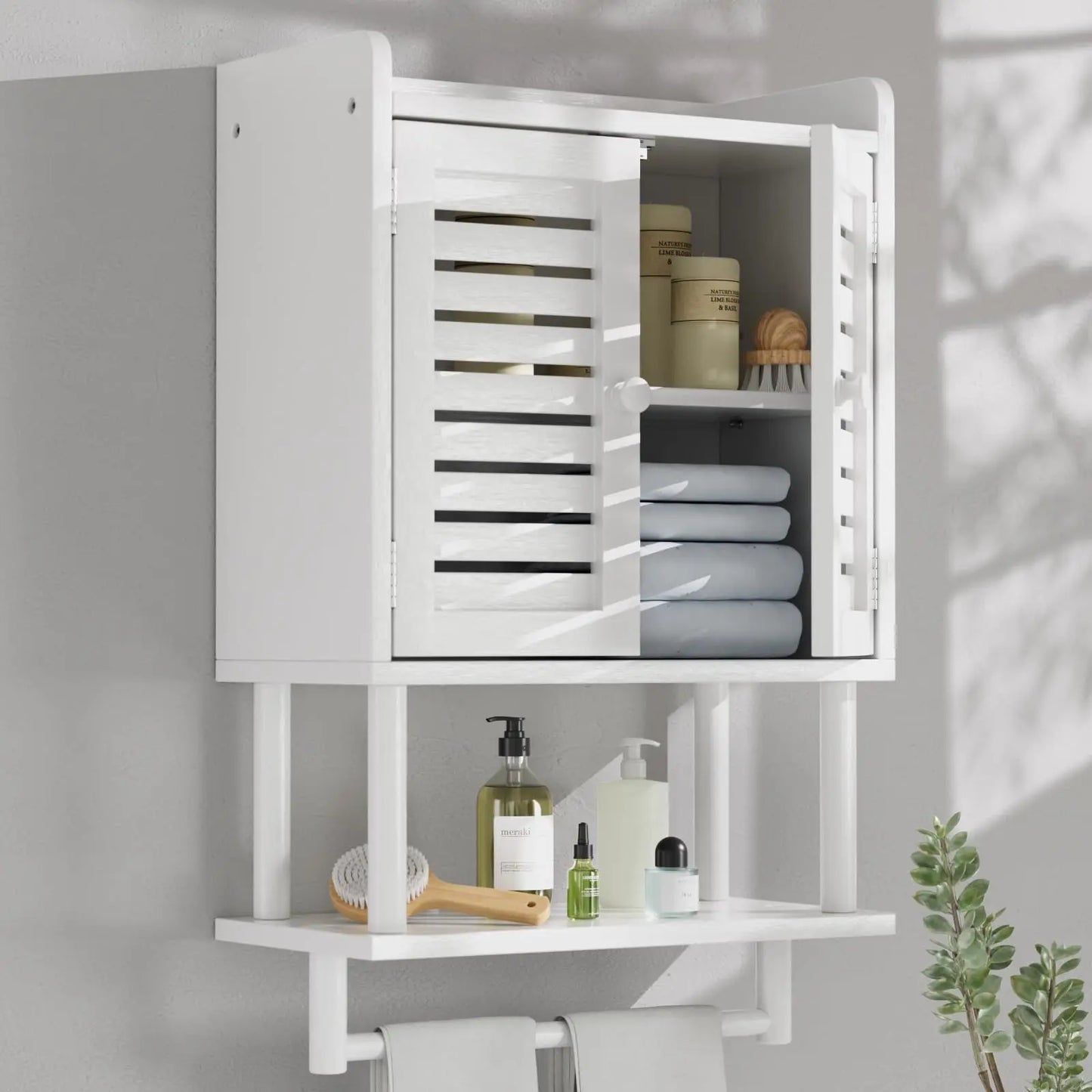 XIUWO Bamboo Bathroom Wall Cabinet With Towel Bar And Storage