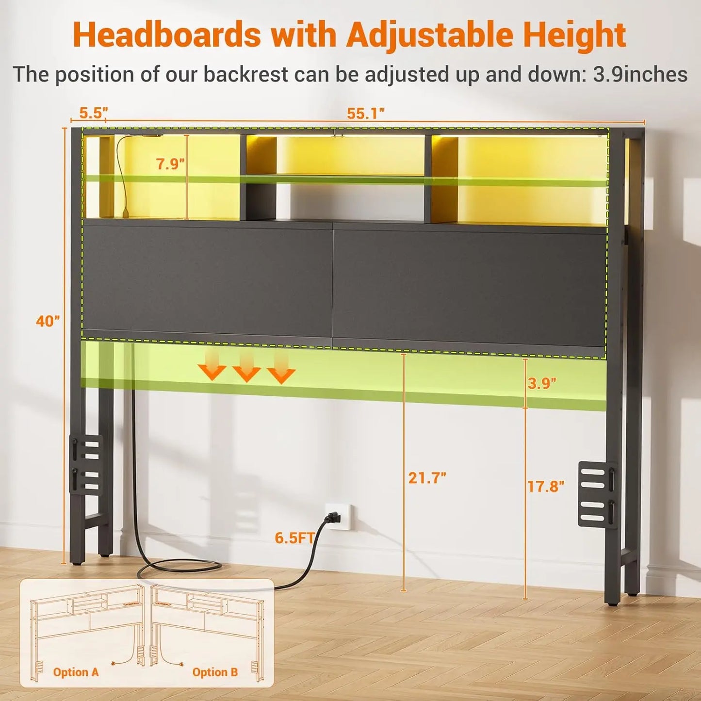 Bed Headboard With Storage Outlets USB Ports LED Light