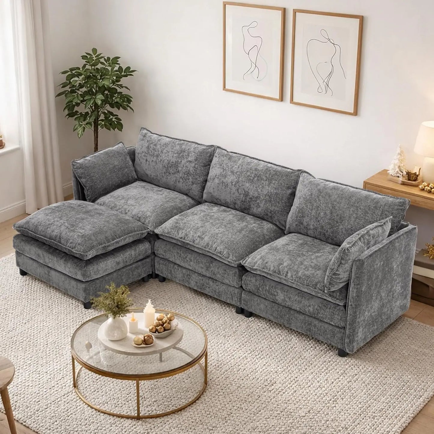 L Shaped Modular Sectional Sofa Chenille Cloud Couch Movable Ottoman