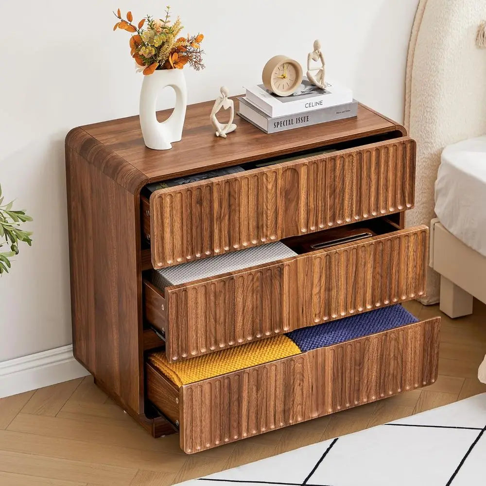 Fluted 3 Drawer Dresser, Mid Century Modern Wood Bedroom Furniture