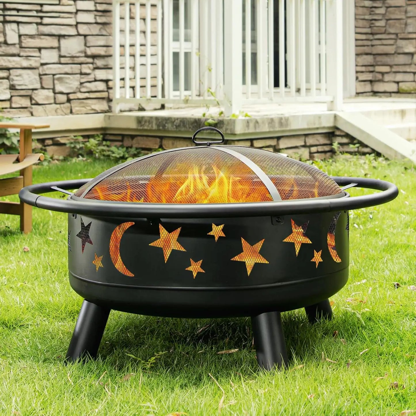 Round Fire Pit With Mesh Cover And Star Moon Design