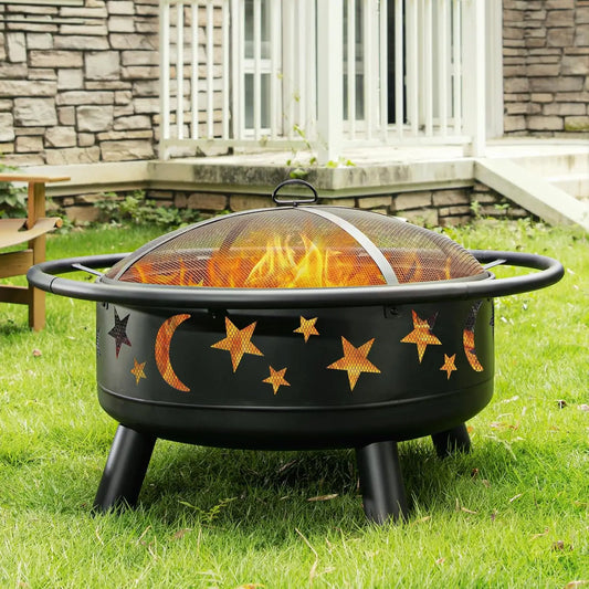 Round Fire Pit With Mesh Cover And Star Moon Design