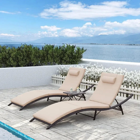 Patio Chaise Lounge Sets Outdoor Rattan Adjustable Back 3 Pieces Cushioned Patio Folding Chaise Lounge with Folding Table