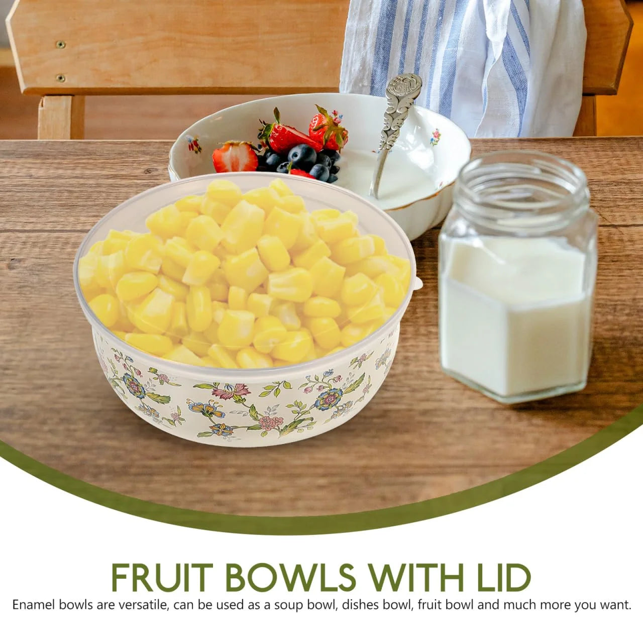 Five Piece Enamel Bowls With Lids Kitchen Storage Set