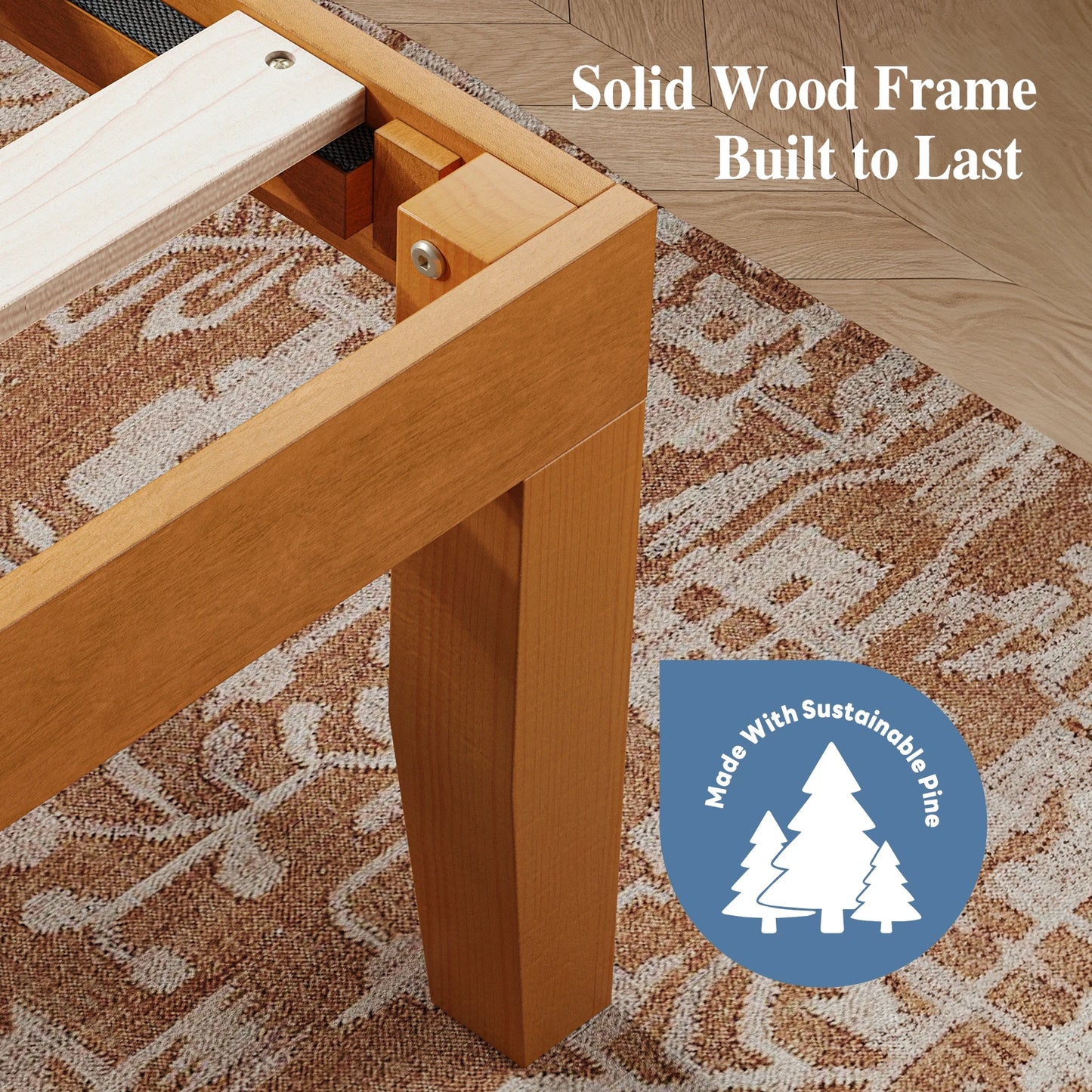 JHK Solid Wood Bed Frame With Sturdy Slat Support 500Lb