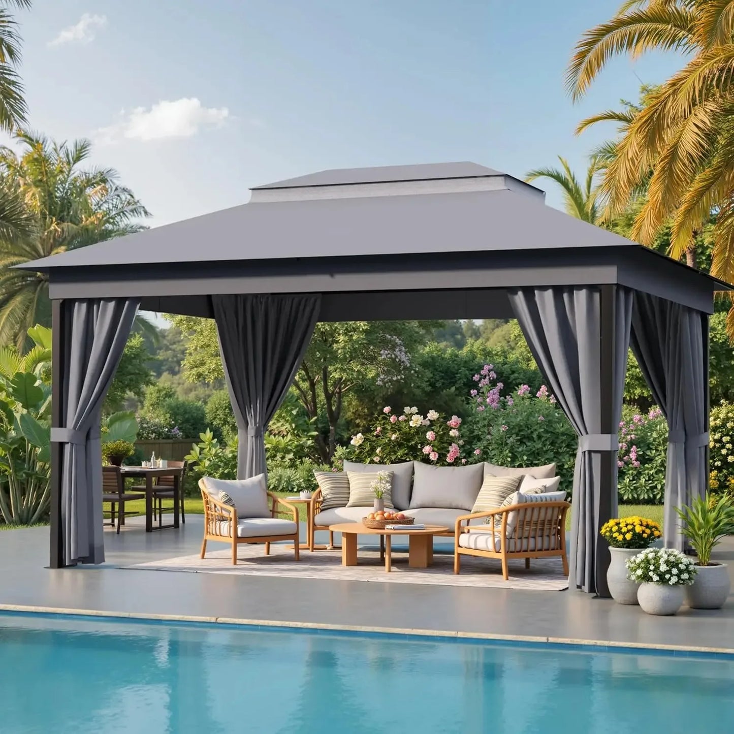 Outdoor Gazebo Canopy With Heavy Duty Metal Frame Mosquito Net