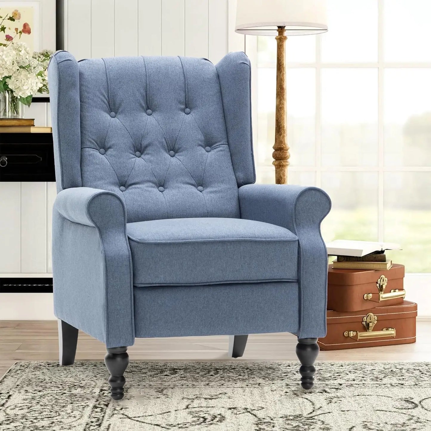 Mid Century Wingback Linen Recliner Chair Button Tufted For Adults