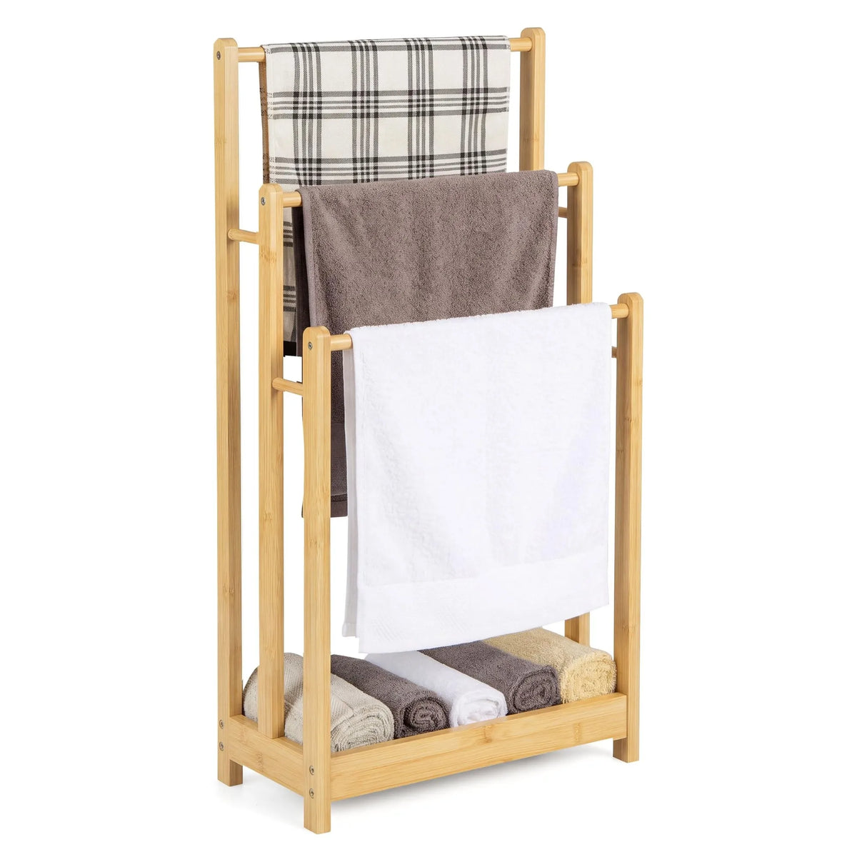 Freestanding Bamboo Towel Rack with Storage Shelf for Bathroom Organization