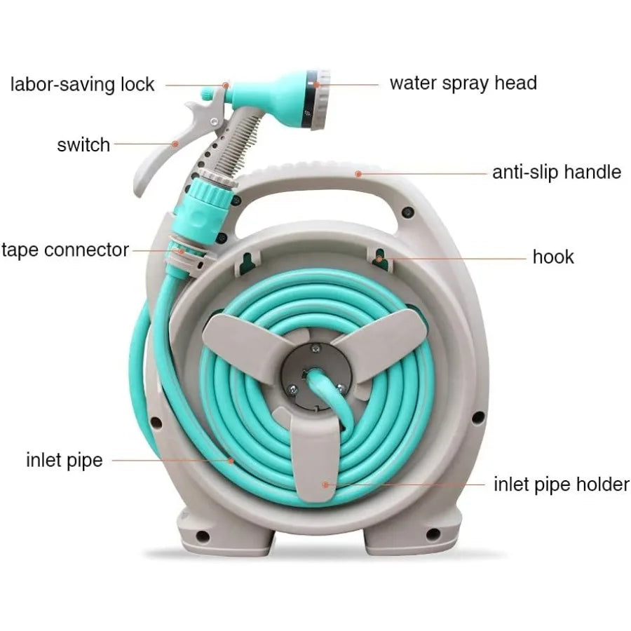 Retractable Garden Hose Reel Convenient 50 FT Portable Hose with 6Function Spray Nozzle for Versatile Watering Cleaning Washing
