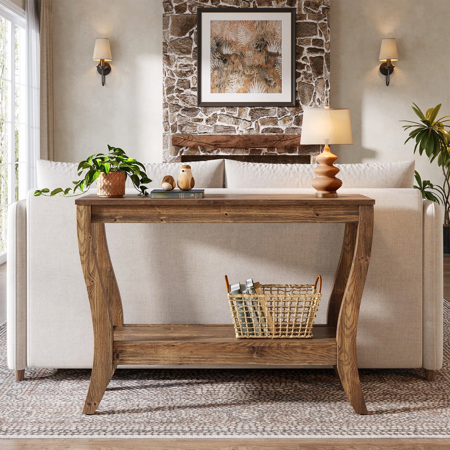 Tribesigns Two Tier Solid Wood Console Table With Storage