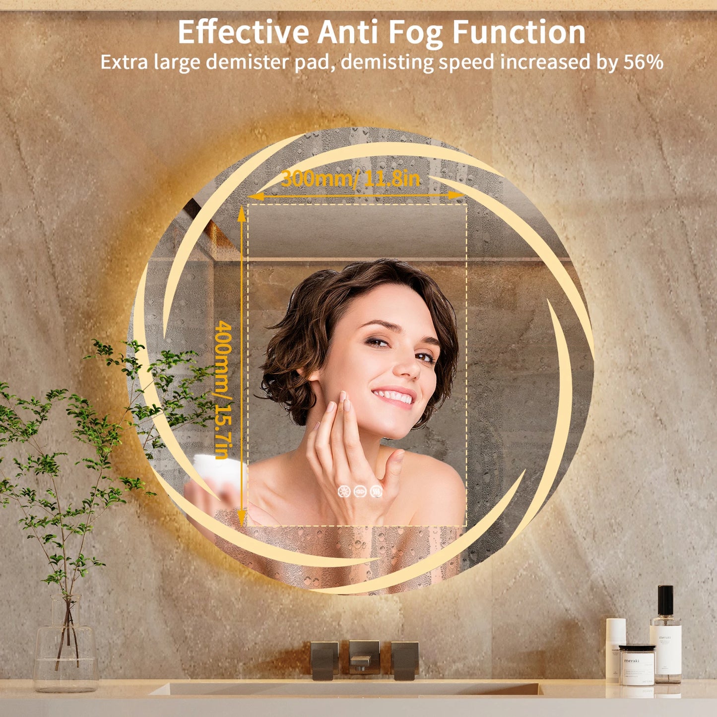 Anti-Fog LED Round Bathroom Mirror With Backlit HD Glass And 3 Color Lights