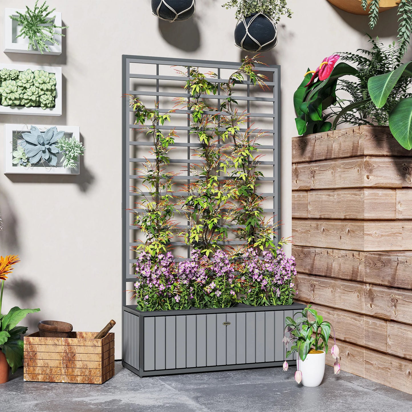 Raised Garden Bed With Trellis Planter Box And Removable Pots