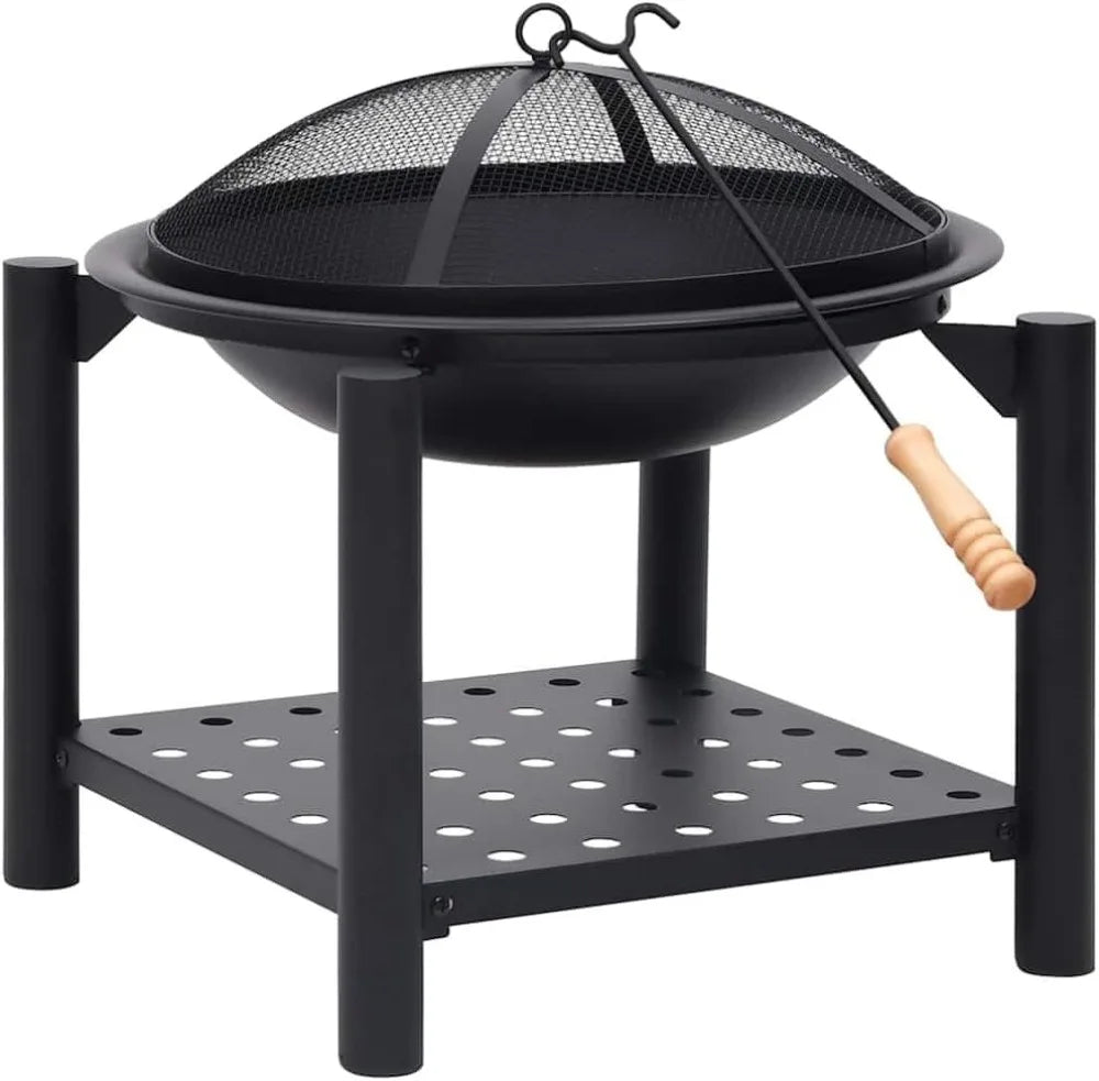 Steel Fire Pit With Safety Screen And Storage Shelf