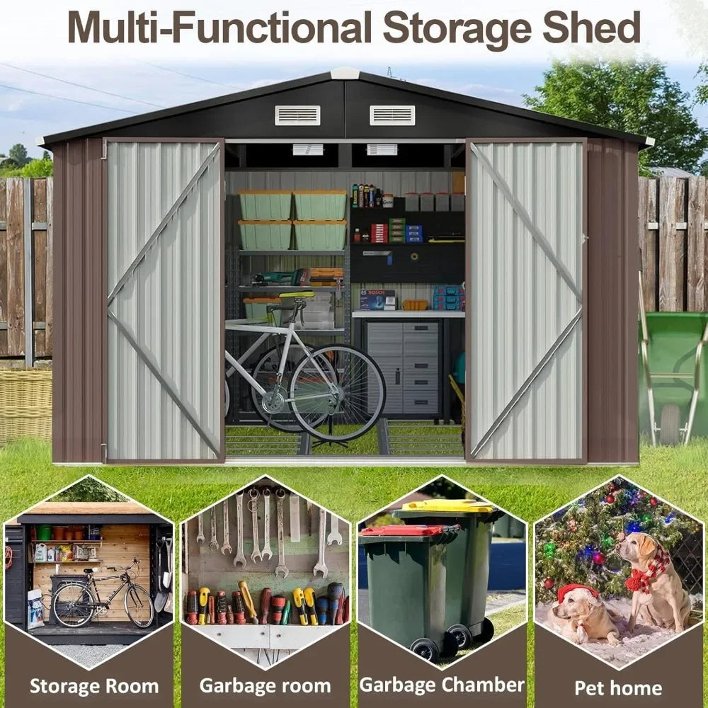 9.4x7.3x6.5 FT Outdoor Storage Shed, Garbage Can, Outdoor Metal Shed for Tool, Garden, Bike, Placed in Patio, Garden Brown Base