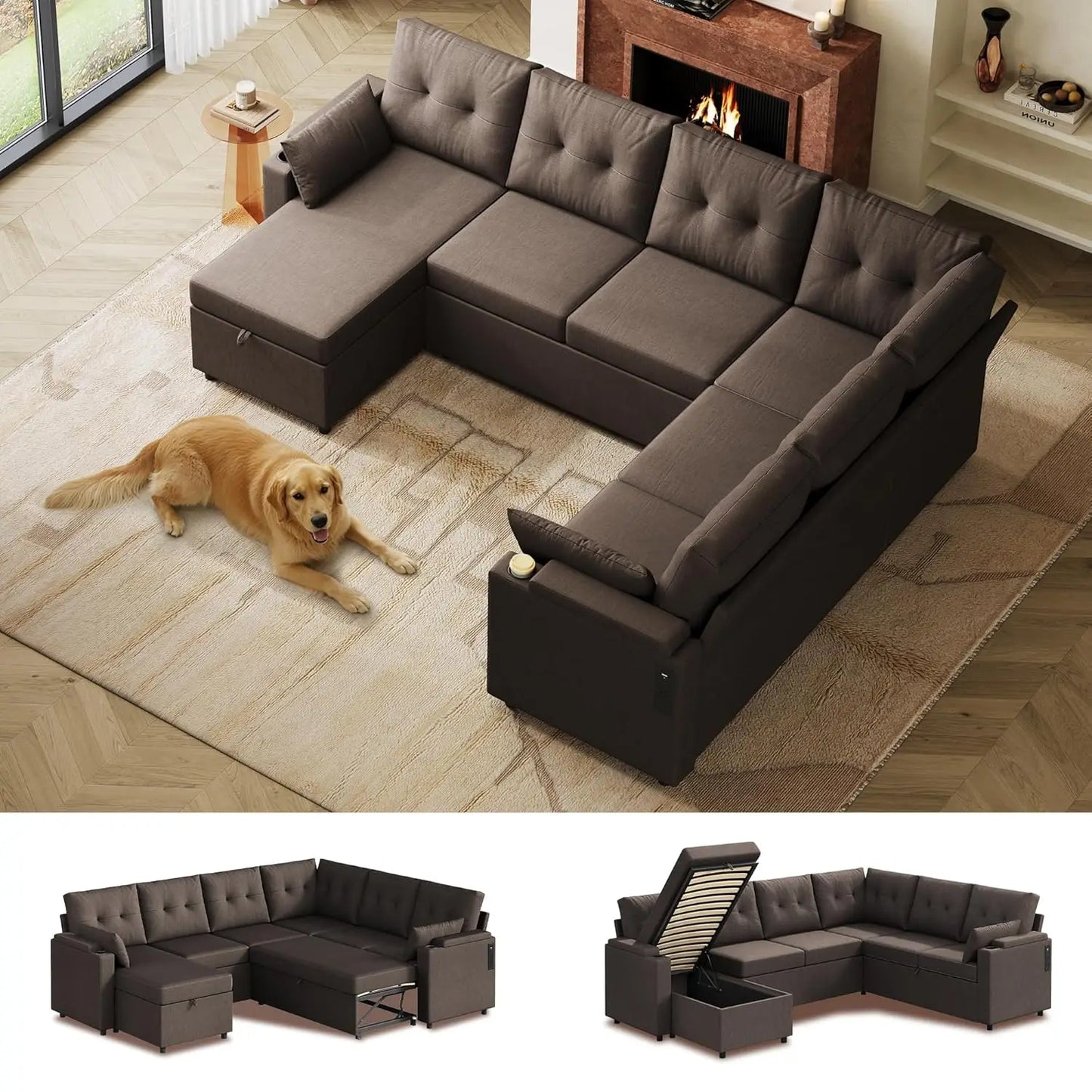 Sectional Sofa With Storage Chaise And Sleeper In Linen