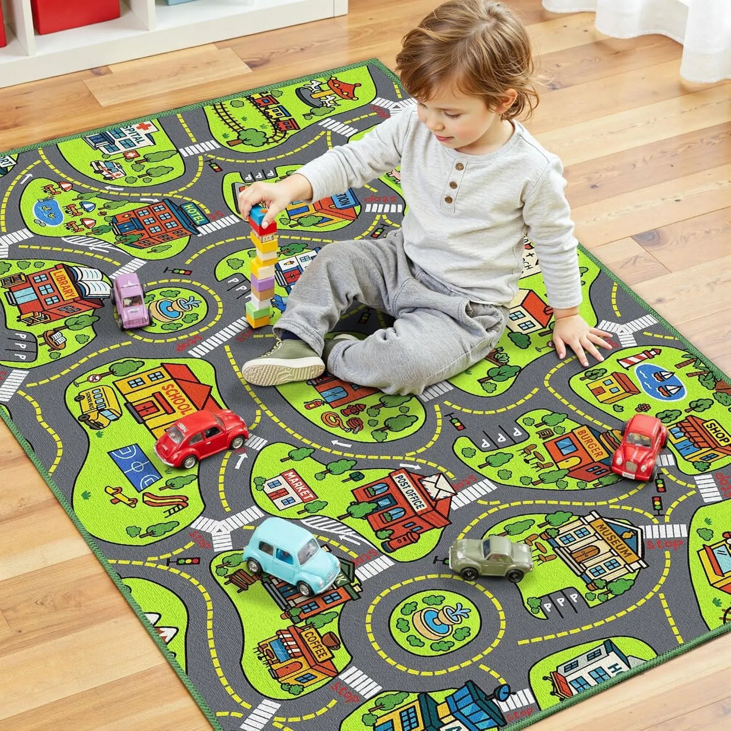 Kids Car Playmat Rug with City Map Design, Non-Slip Backing, Washable and Educational Toy Car Track Mat for Children