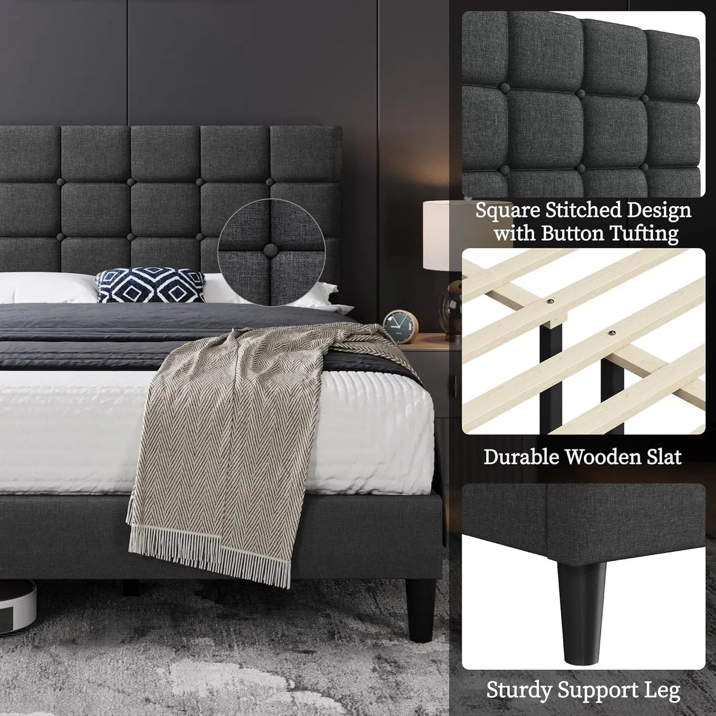 Upholstered Bed Frame With Adjustable Headboard And Square Tufting