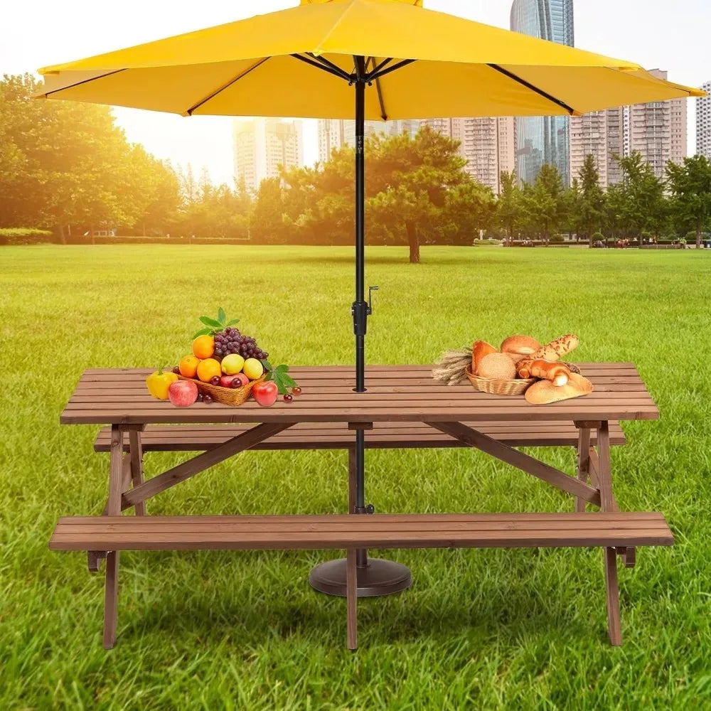 Outdoor Wooden Picnic Table With Benches And Umbrella Hole