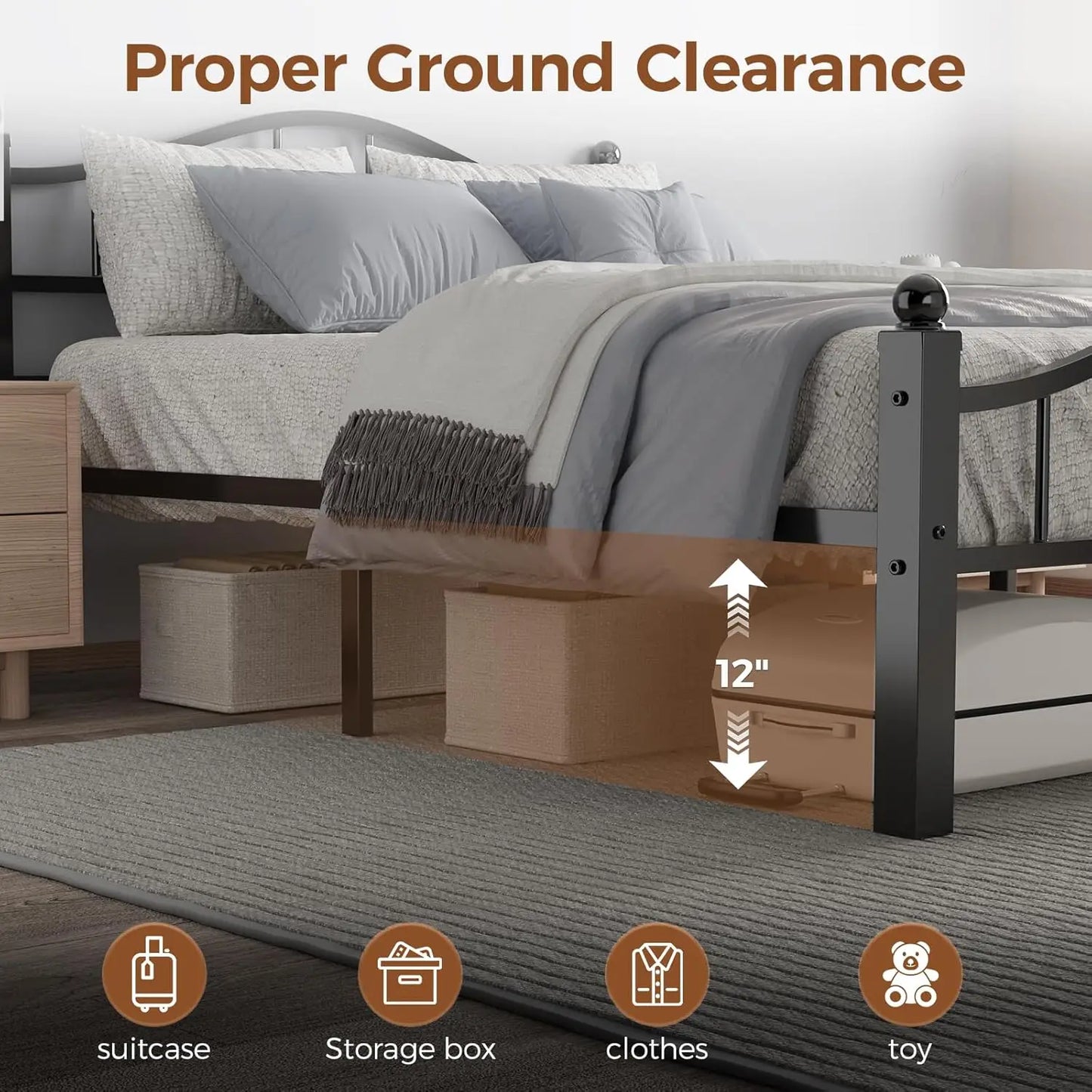 Full Size Metal Bed Frames Headboard Noise Free Underbed Storage Heavy Duty No Box Spring Needed Tool Free Assembly