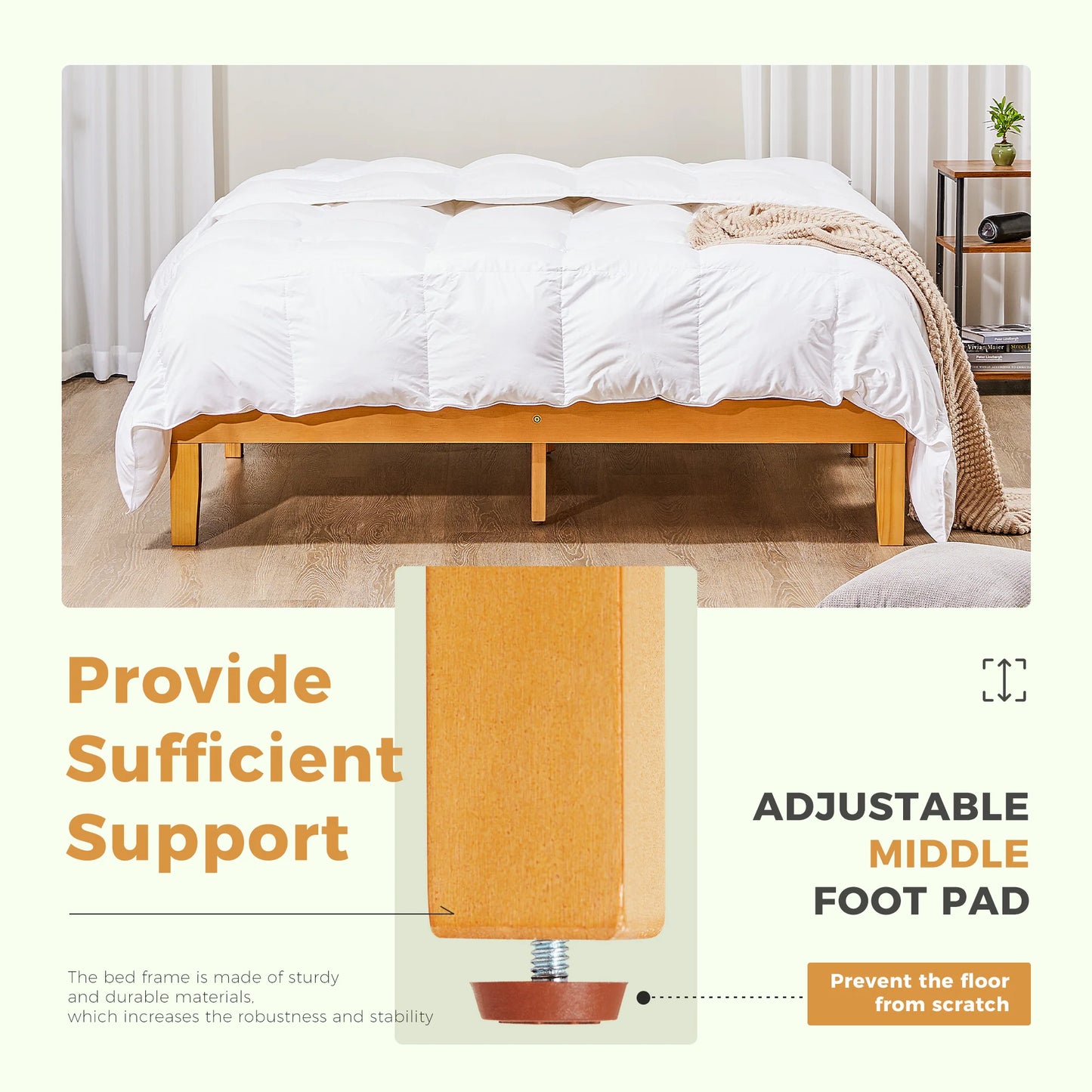 JHK Solid Wood Bed Frame With Sturdy Slat Support Assembly
