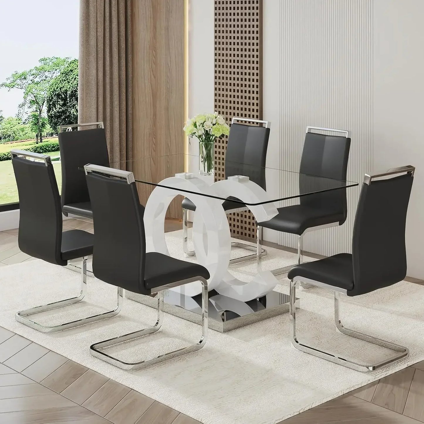 Glass Dining Table Set With Tempered Glass Top PU Chairs