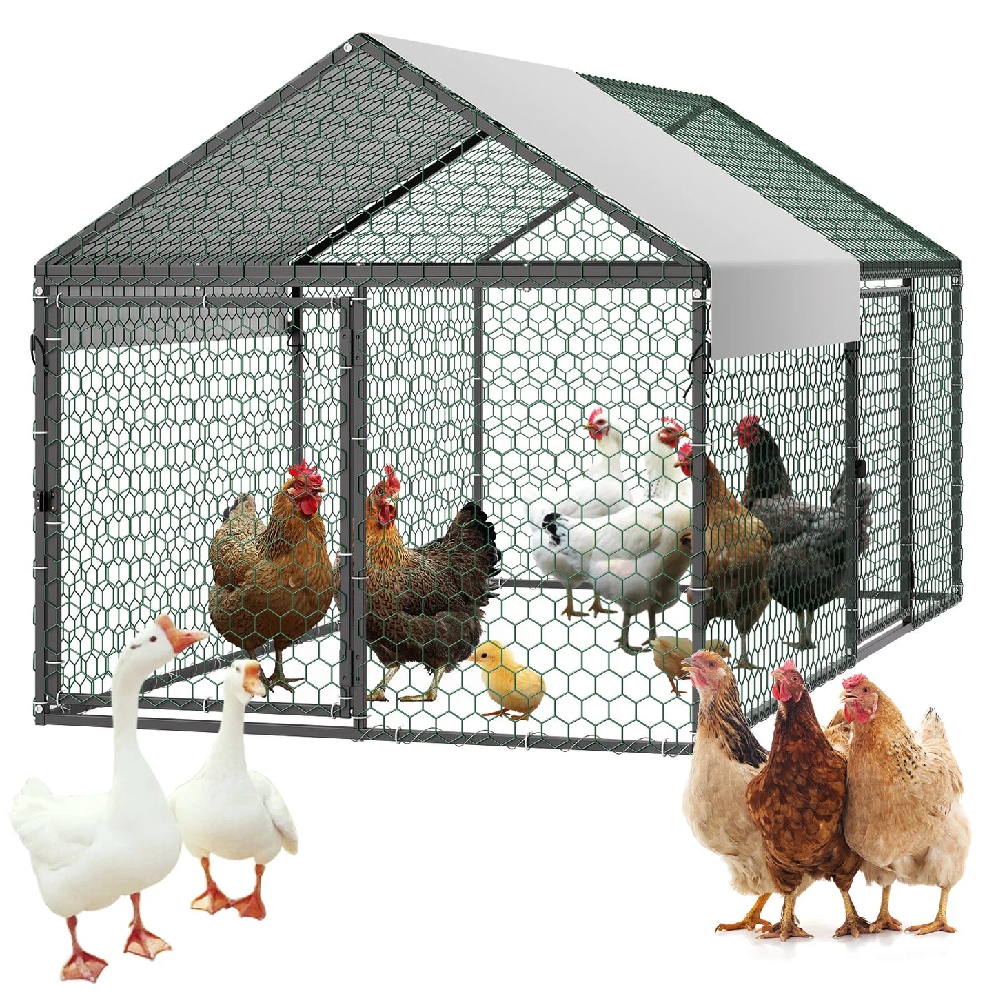SucceBuy Metal Chicken Coop With Waterproof Cover And Doors