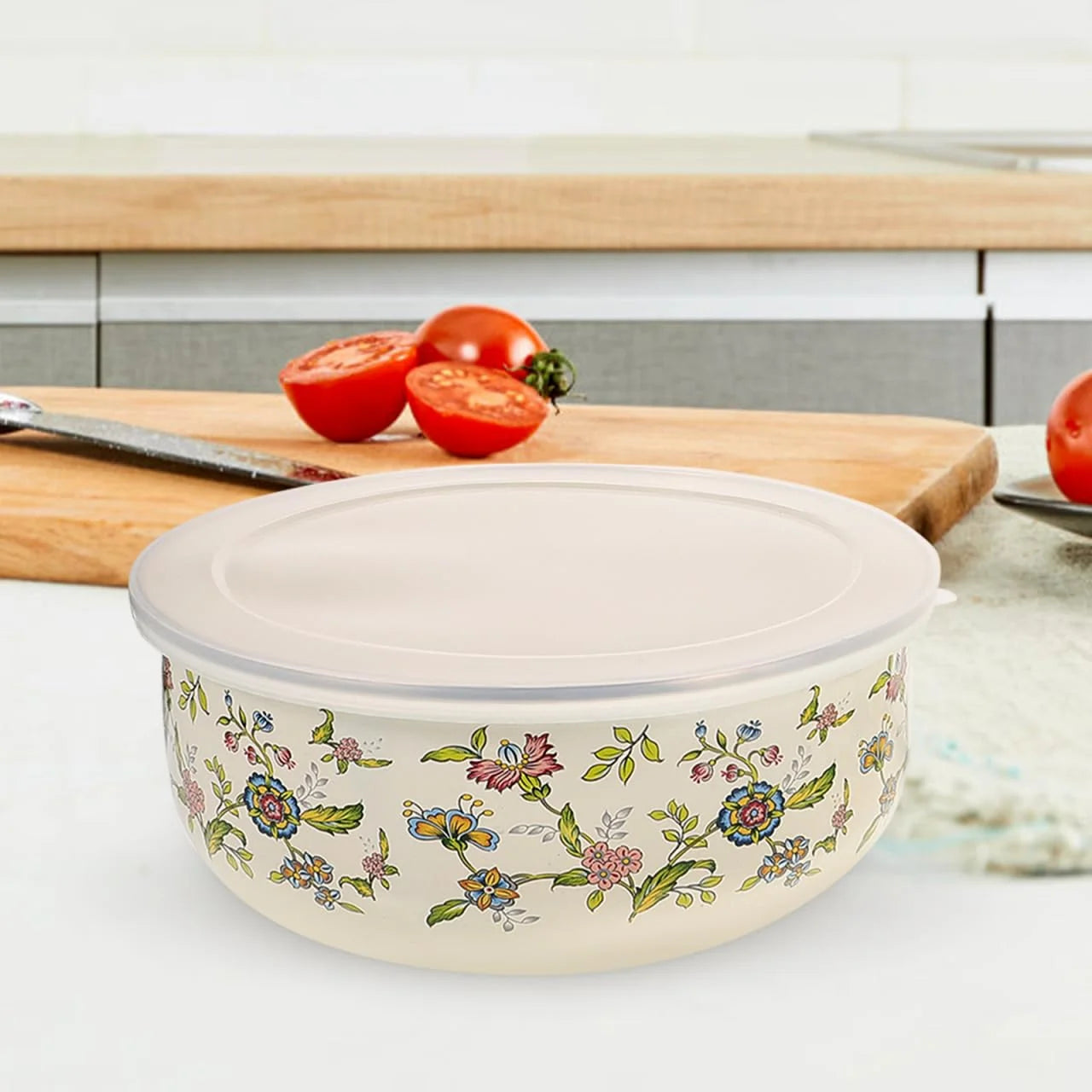 Five Piece Enamel Bowls With Lids Kitchen Storage Set