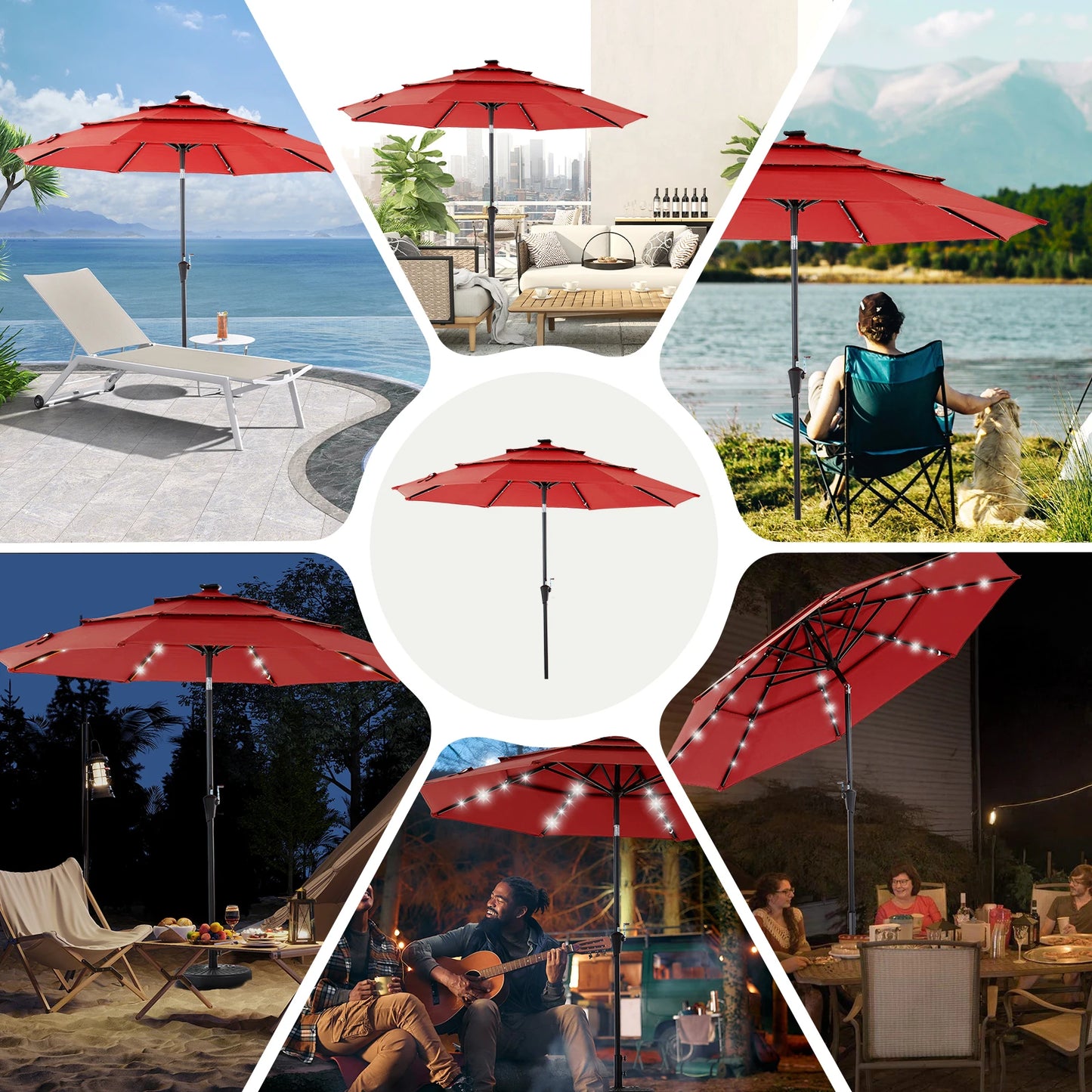 JHK Outdoor Solar Patio Umbrella With LED Lights And Tilt
