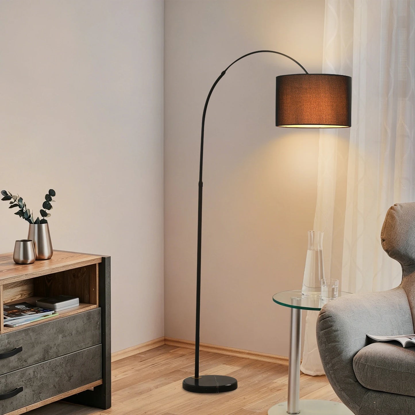 Mid Century Floor Lamp With Fabric Shade Arc Adjustable Height