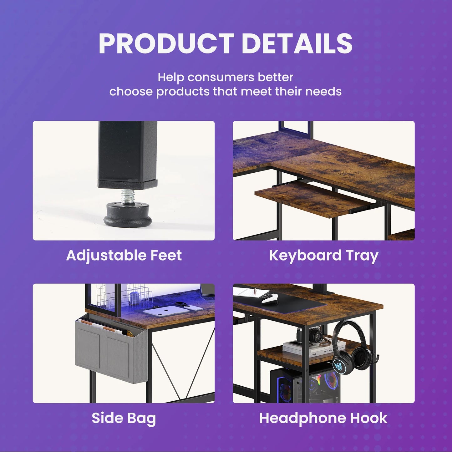 MCQ 67 Inch L Shaped Standing Office Desk With LED Lighting