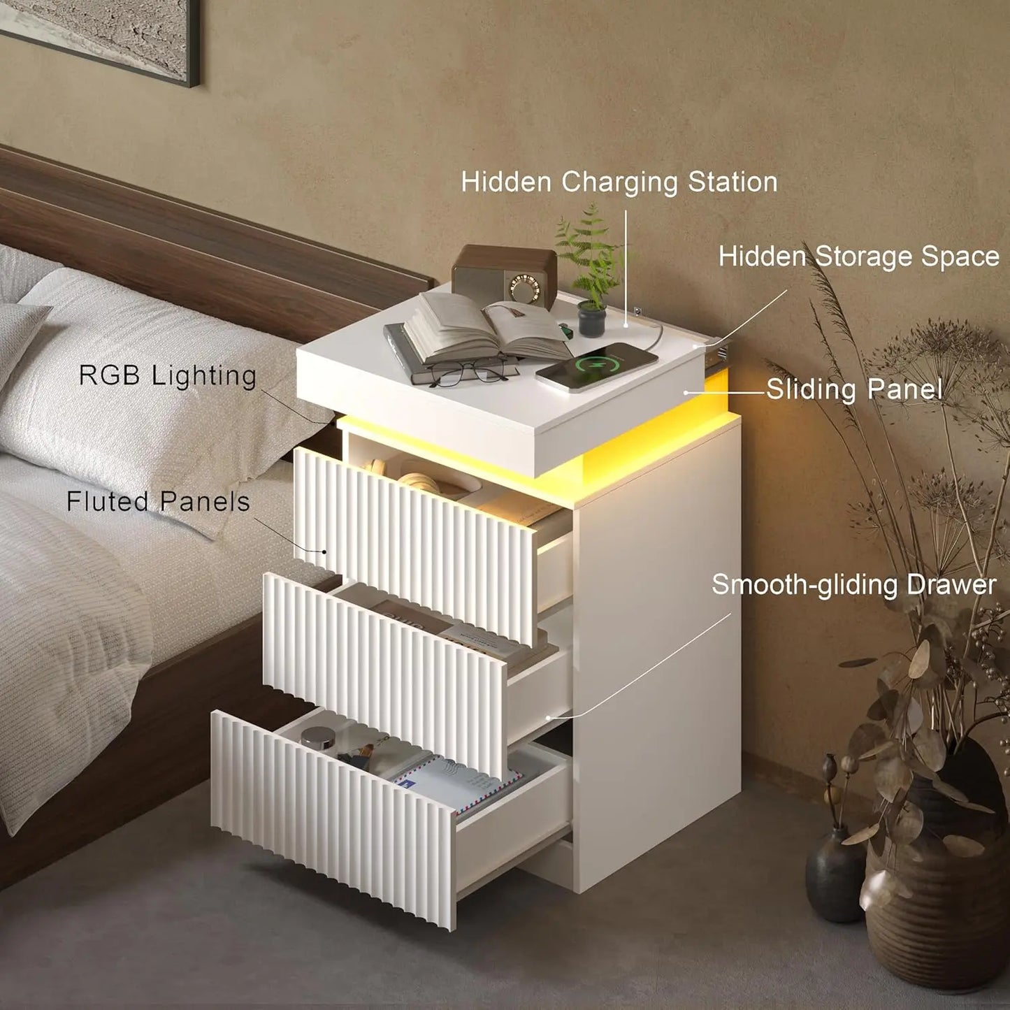 Nightstand Set Of 2 With LED Charging Station Fluted