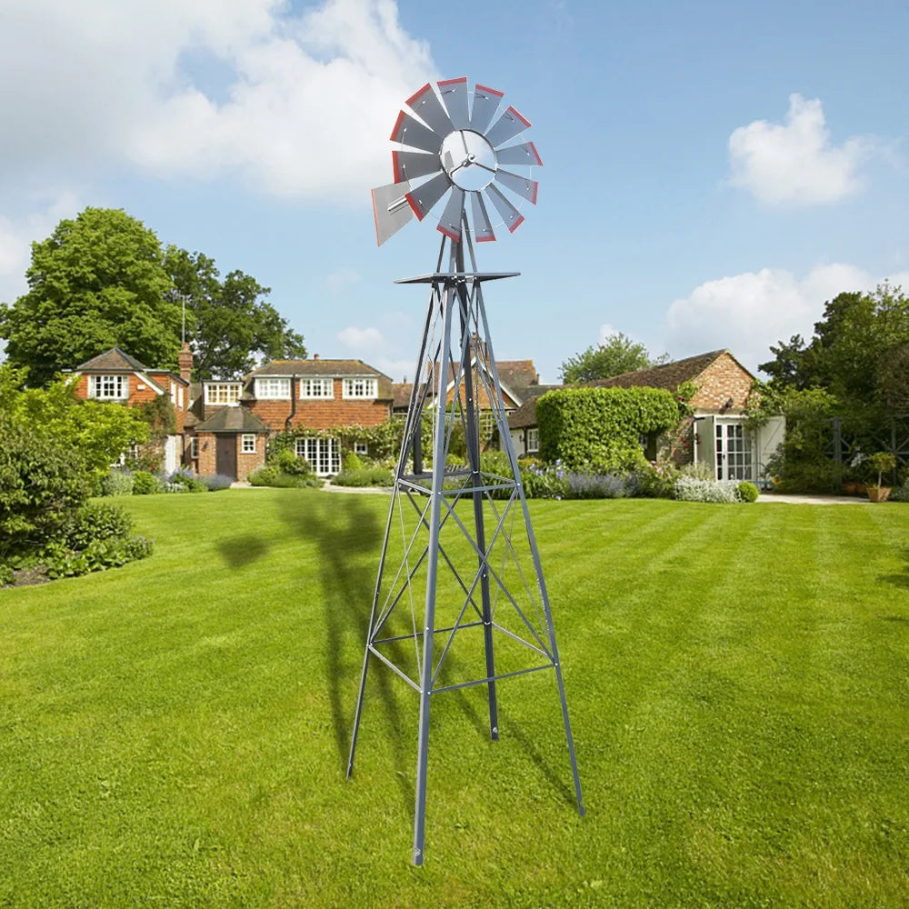 8FT Weather Resistant Yard Garden Windmill Gray & Red  Garden Decoration Outdoor  Patio Decoration