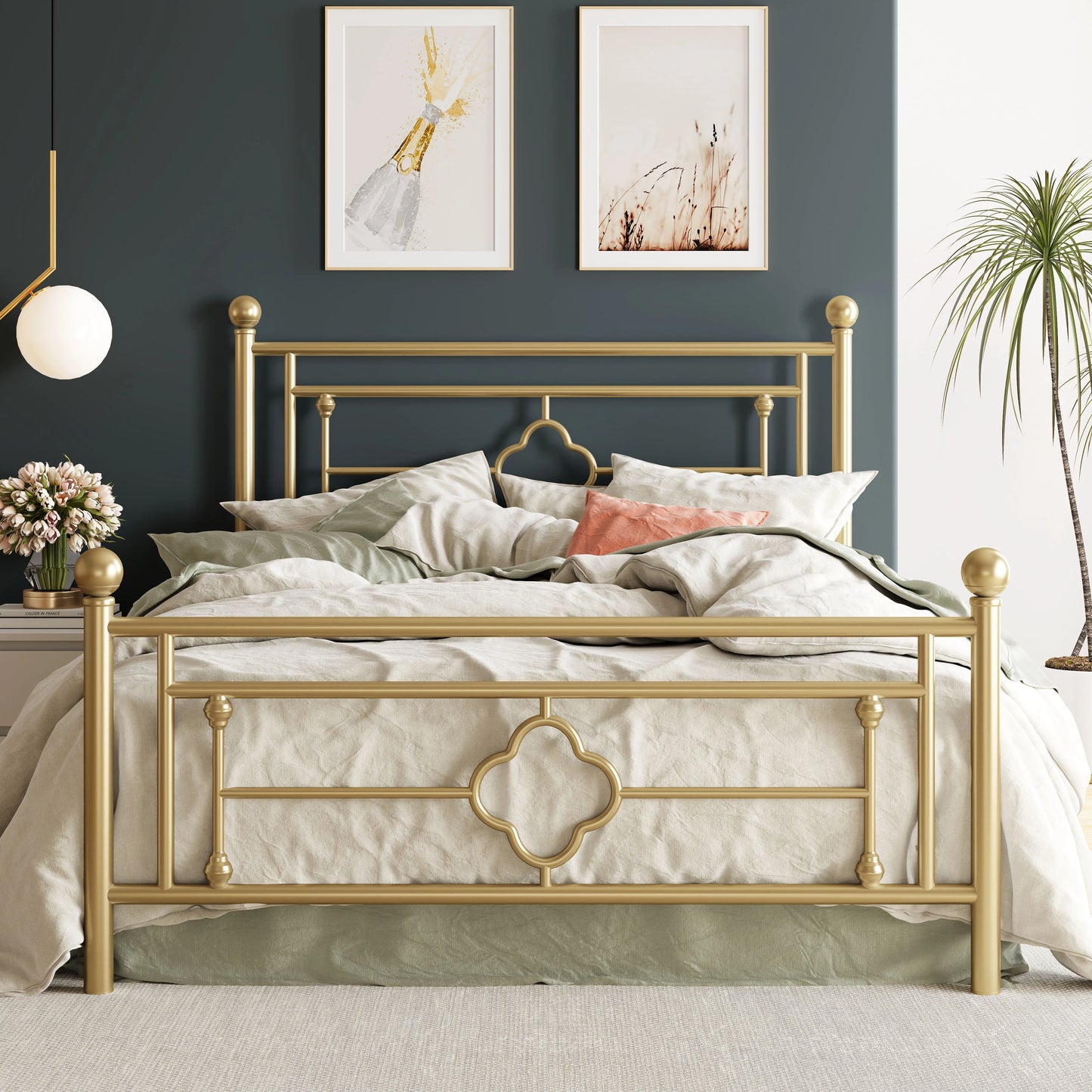 HOOMIC Vintage Victorian Metal Platform Bed Frame With Headboard Footboard