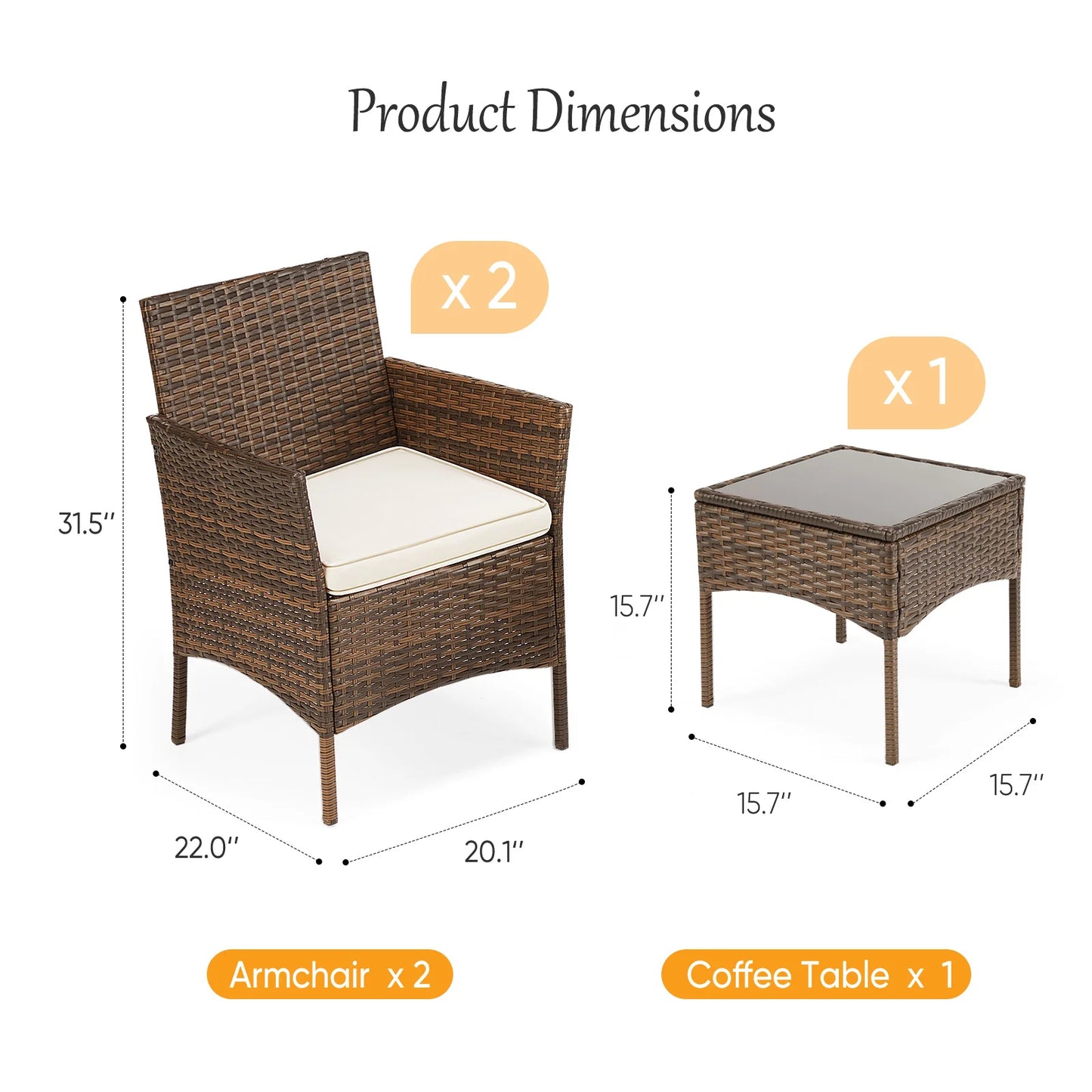 3 Piece Outdoor Patio Furniture Set Rattan Wicker With Glass Table