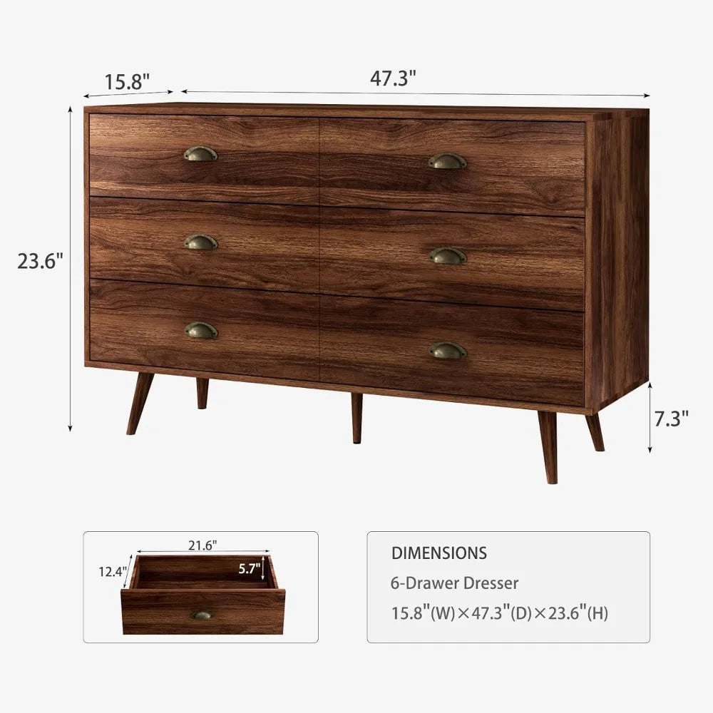 Walnut Brown Wood Dresser With Six Drawers For Bedroom