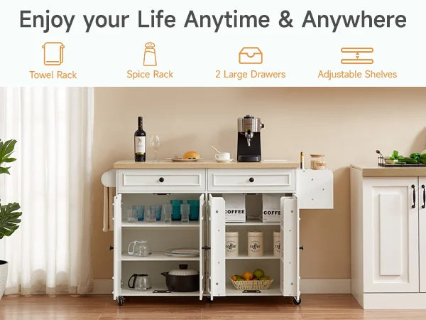 Mobile Kitchen Island With Drop Leaf Power Outlet Spice Rack